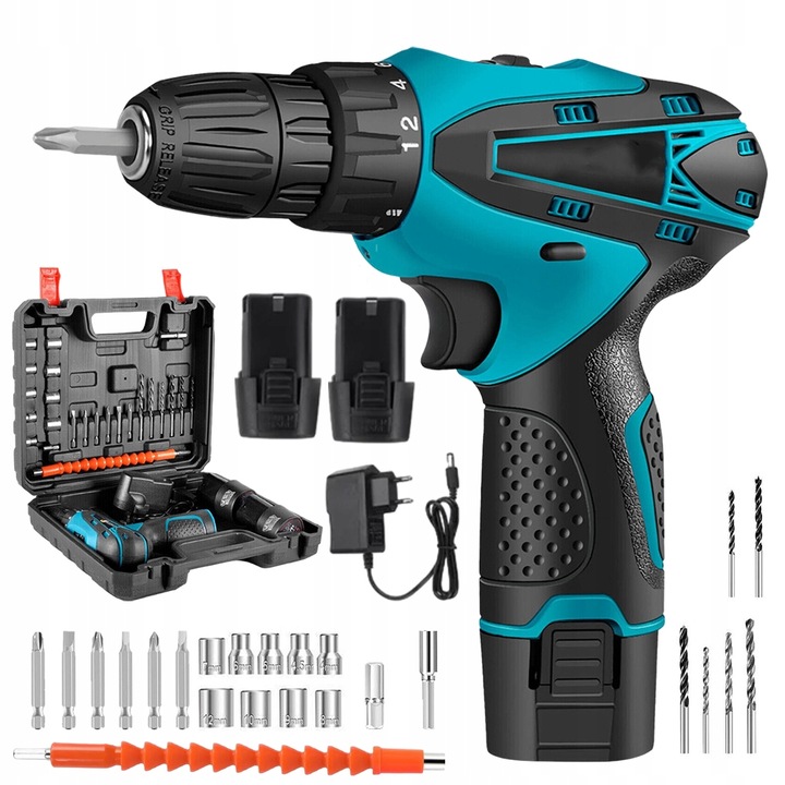 AKUMULÁTOROVÁ VŔTAČKA S PRÍKLEPOVÝM SKRUTKOVAČOM + AKUMULÁTOR + SKRINKA S NÁRADÍM