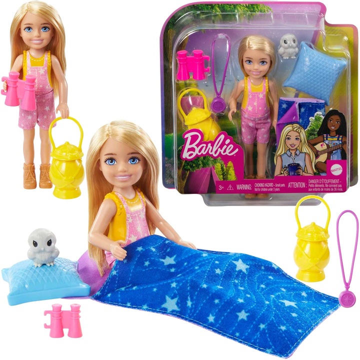 BARBIE KEMPINGOVÝ SET BÁBIKA CHELSEA FIGURKA SOVY KEMPING SPACÍ VAK ĎALEKOHĽAD
