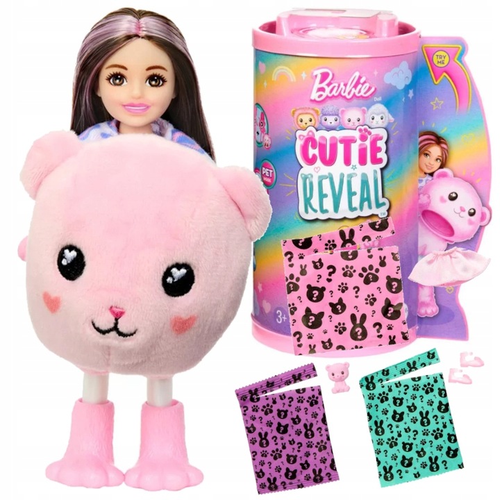 BARBIE CHELSEA CUTIE REVEAL BÁBIKA RUŽOVÝ MEDVEDÍK KOSTÝM 6 PREKVAPENÍ 3+