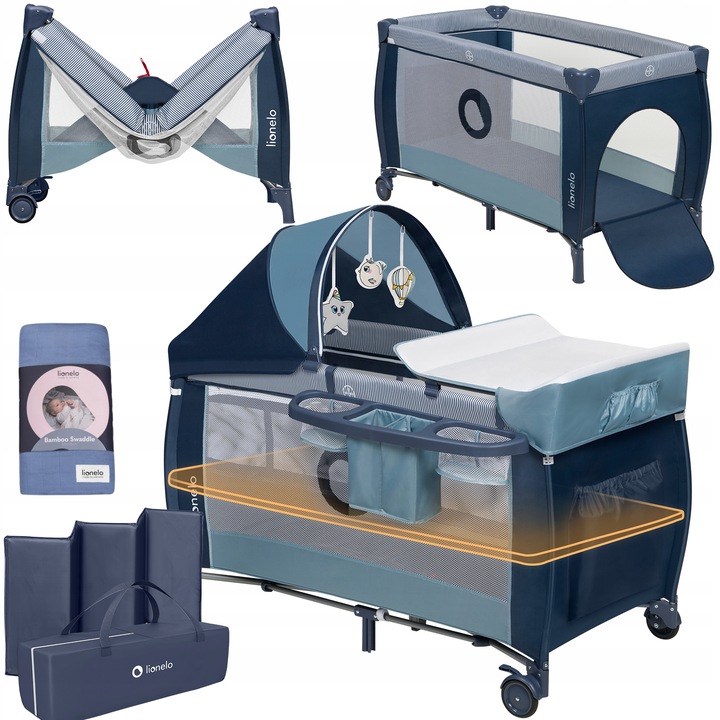 CESTOVNÁ POSTIEĽKA OHRÁDKA LIONELO SVEN + ZAVINOVAČKA BAMBUSOVÁ SWADDLE MODRÁ