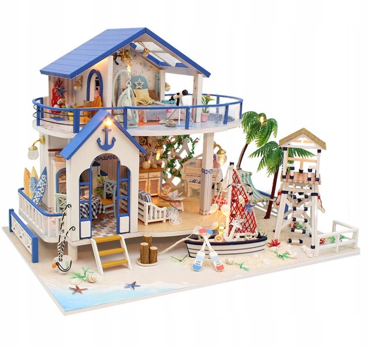 Drevený domček DIY Nábytok LED Zlepený Loďka More Grécko Pláž