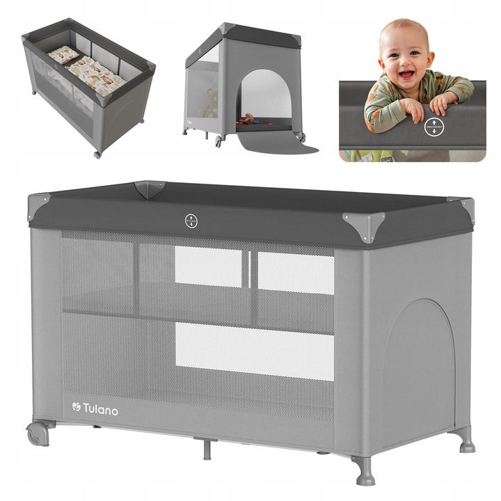 Dvojúrovňová cestovná postieľka TULANO sivá 9-15 kg, skladacia 64x125 cm