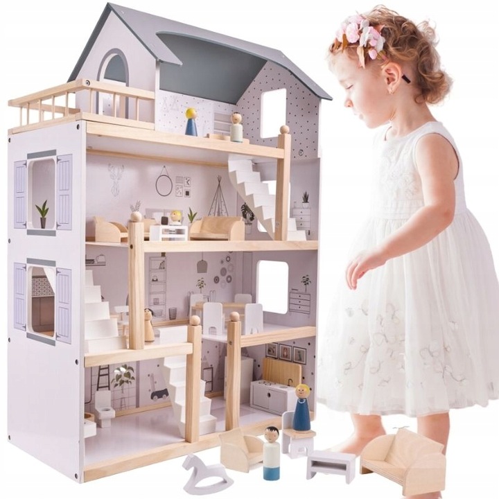 DREVENÝ DOMČEK PRE BÁBIKY + NÁBYTOK PRÍSLUŠENSTVO pastelový XXL 83cm