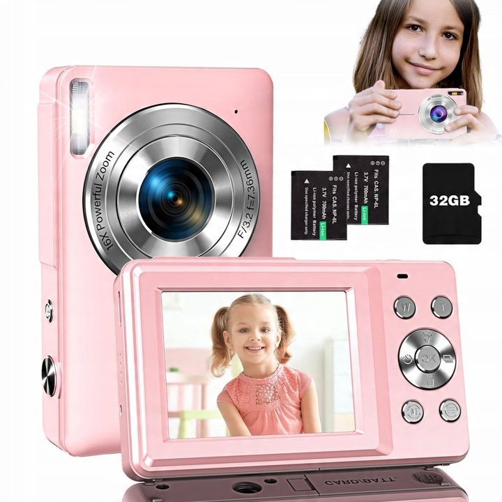 DIGITÁLNY FOTOAPARÁT HD 1080p ZOOMEM 16X PAMÄŤOVÁ KARTA 32G RUŽOVÁ AKCIA