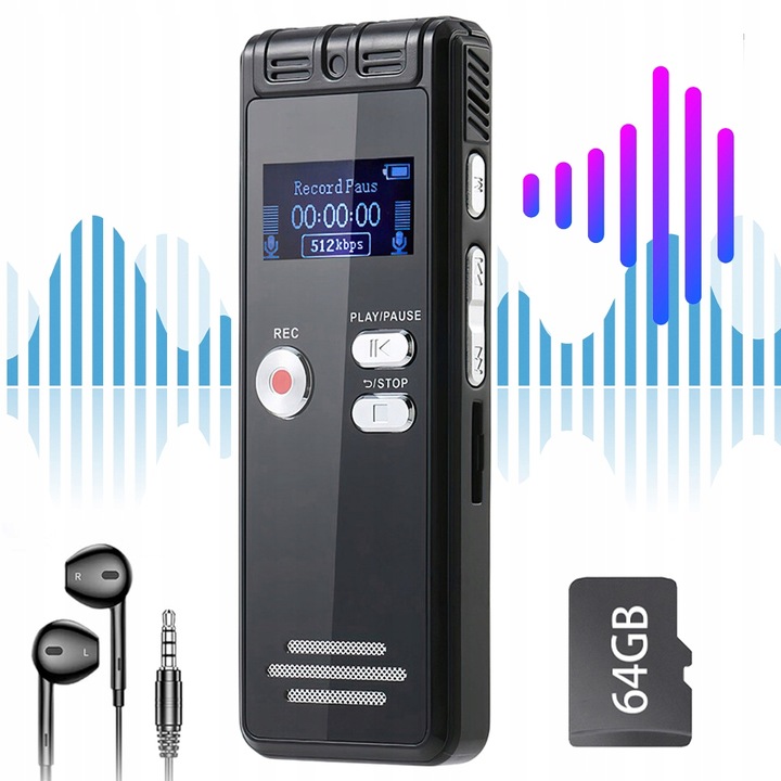 DIGITÁLNY DIKTAFÓN, ZARIADENIE NA NAHRÁVANIE HLASU WAV/MP3, USB 2.0 16 GB, ČIERNY