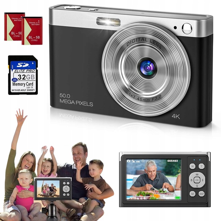 DIGITÁLNY FOTOAPARÁT HD 50MP 16X ZOOM 32 GB KARTA ČIERNY SET PRE DETI