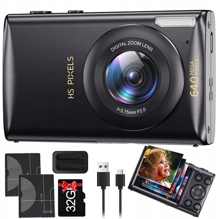 DIGITÁLNY FOTOAPARÁT HD PRE DETI 4K 64MP 32GB PRENOSNÝ DARČEK PRE DETI ZĽAVA