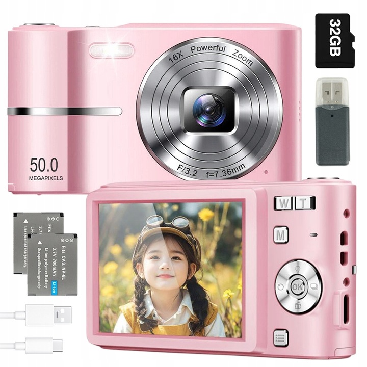 DIGITÁLNY FOTOAPARÁT 50MP S 16-NÁSOBNÝM ZOOMOM A 32GB PAMÄŤOVOU KARTOU V RUŽOVEJ FARBE