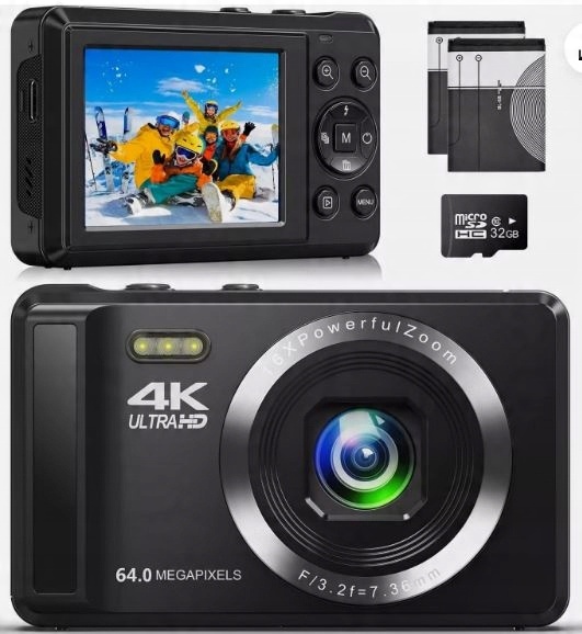 DIGITÁLNY KOMPAKTNÝ FOTOAPARÁT UHD 4K 64MP PAMÄŤOVÁ KARTA 32GB 16-NÁSOBNÝ ZOOM