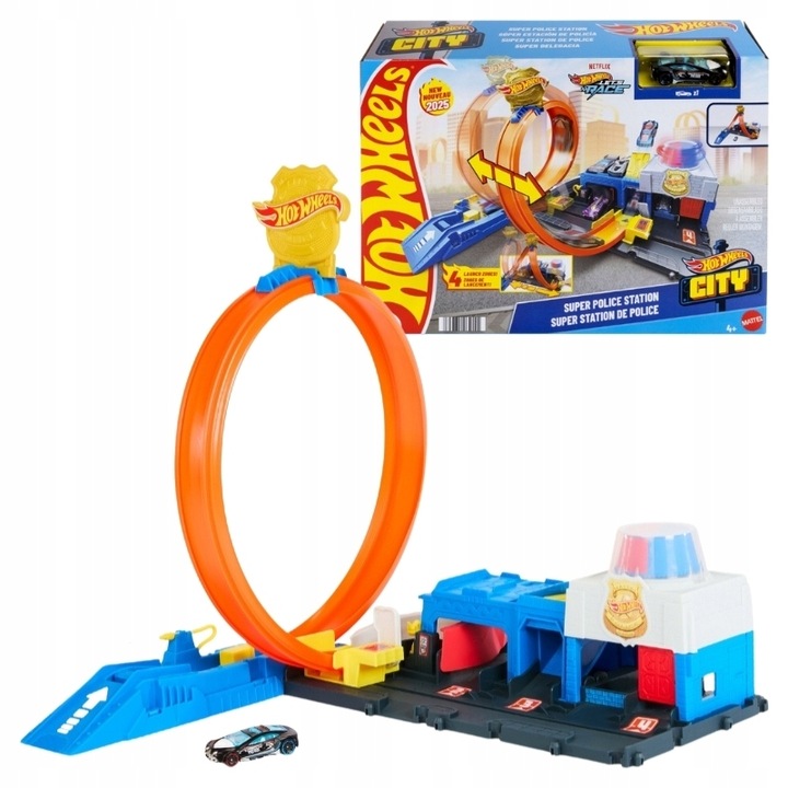 HOT WHEELS CITY POLICAJNÁ STANICA PRETEKÁRSKA DRÁHA S LOOPINGOM + POLICAJNÉ AUTO 1:64