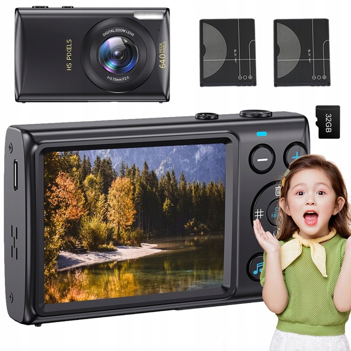 KOMPAKTNÝ DIGITÁLNY FOTOAPARÁT 4K 64MP S 18X DIGITÁLNYM ZOOMOM A OTOČENÍM OBRAZU + 64 GB