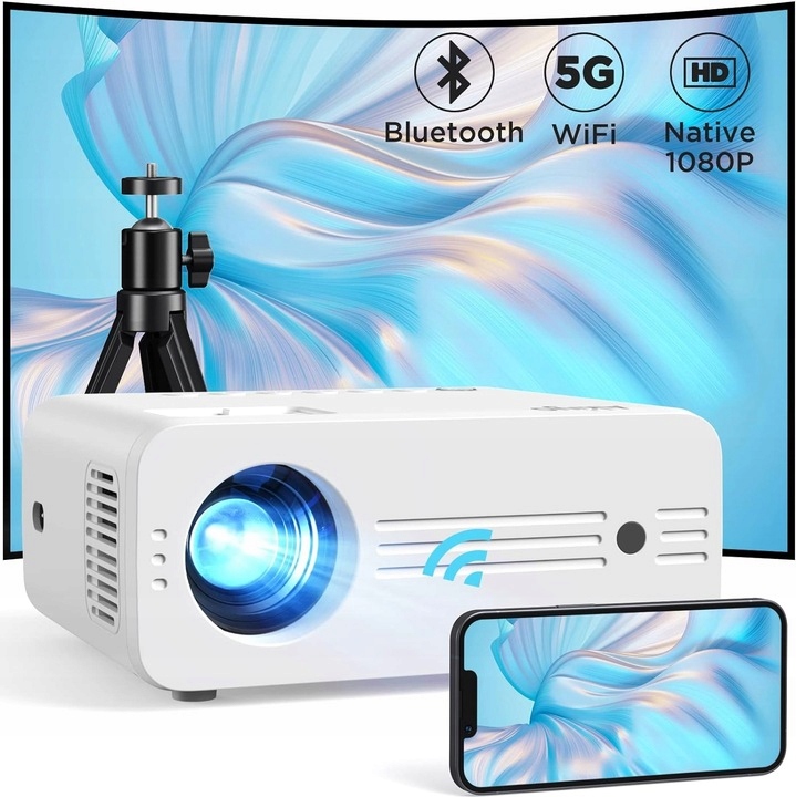 LCD projektor AKIYO Projektor Bluetooth 5G WiFi so statívom Prenosný, biely AKCIA