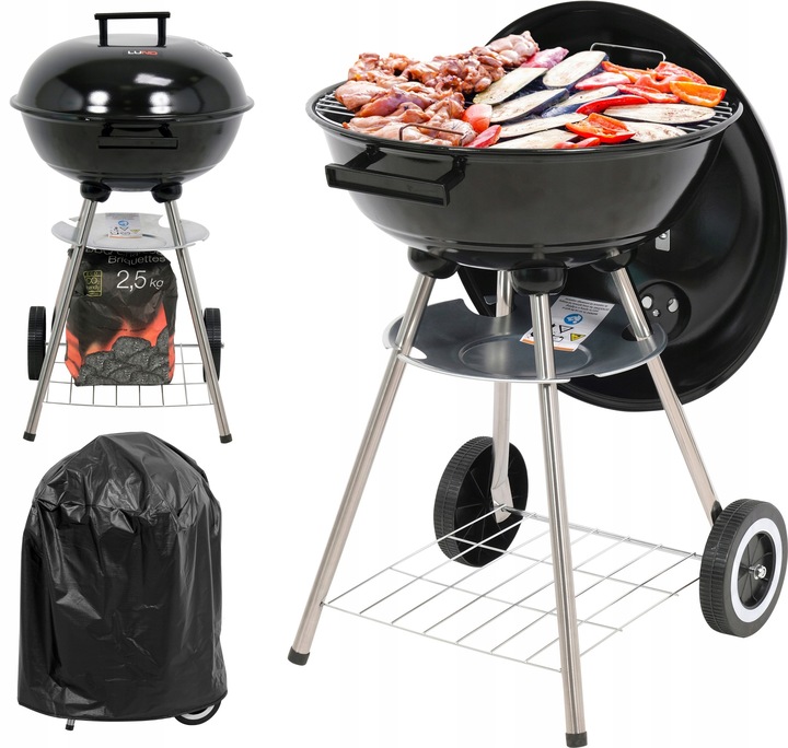 LUND ZÁHRADNÝ GRIL NA UHLIE S OKRÚHLYM KRYTOM, OCEĽOVÝ ROŠT 41 CM + OBAL