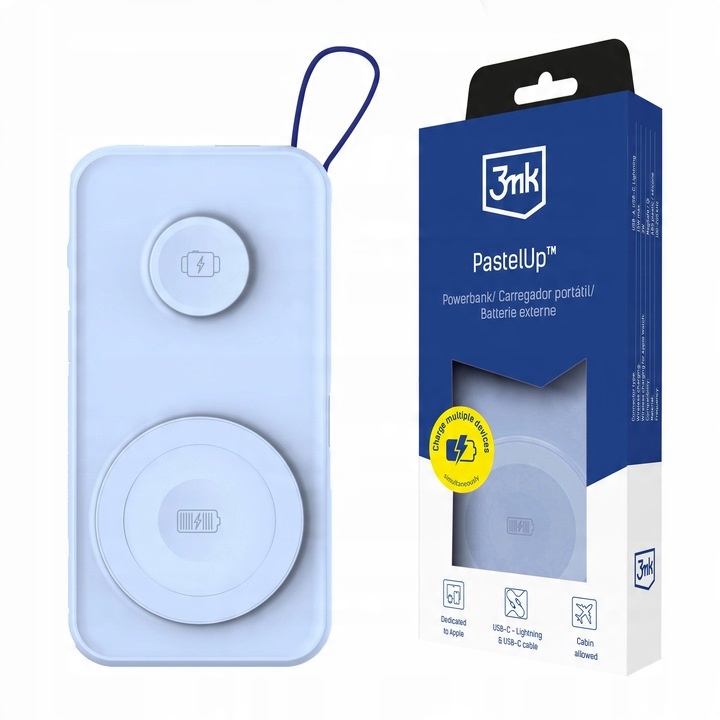 Modrá powerbanka 3mk PastelUp 10,000 mAh Qi 22.5 W + USB-C/Lightning kábel