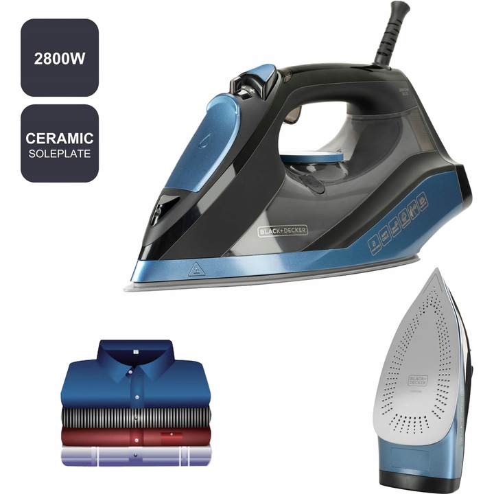 Naparovacia žehlička Black+Decker, BXIR2801E, keramická žehliaca plocha,