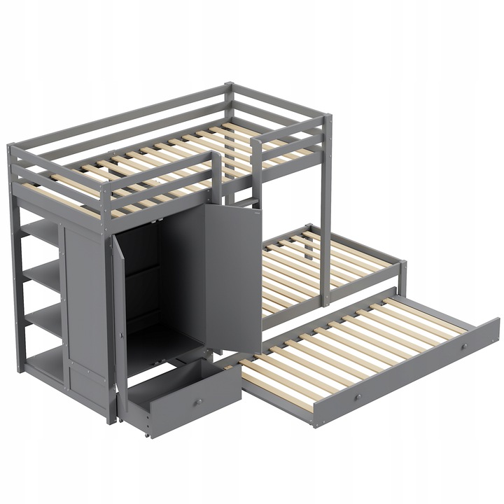 Poschodová posteľ 90x200, detská posteľ so skriňou, zásuvkami a úložnými priestormi, šedá