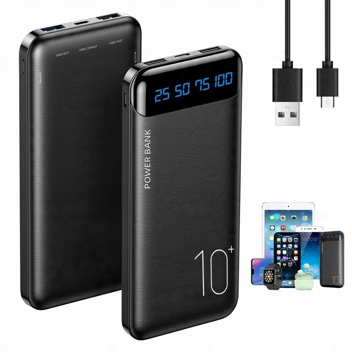 POWERBANK ČIERNY ULTRATENKÝ DIGITÁLNY DISPLEJ 10000MAH