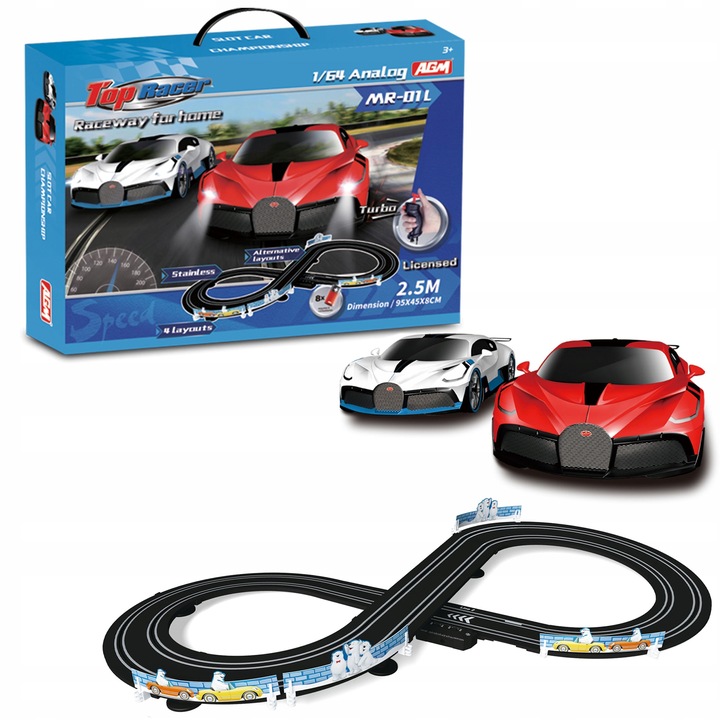 PRETEKÁRSKA DRÁHA AUTOMOBILOVÁ SÚPRAVA BUGATTI AUTODRÁHA 2,5M 1:64 COIL