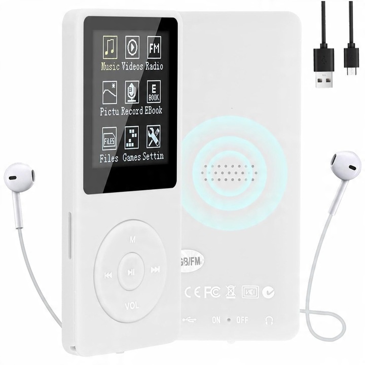 PREHRÁVAČ MP3 16 GB BLUETOOTH 5.0 HI-FI RÁDIO E-KNIHA + SLÚCHADLÁ BIELA