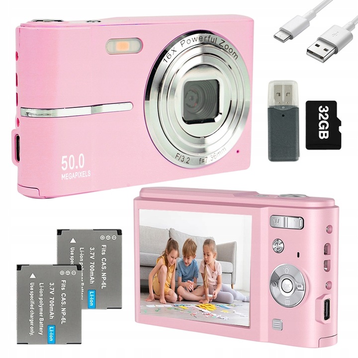 PRENOSNÝ DIGITÁLNY FOTOAPARÁT RUŽOVÝ AUTOFOCUS HD 1080P 50MP 16X DIGITÁLNY ZOOM