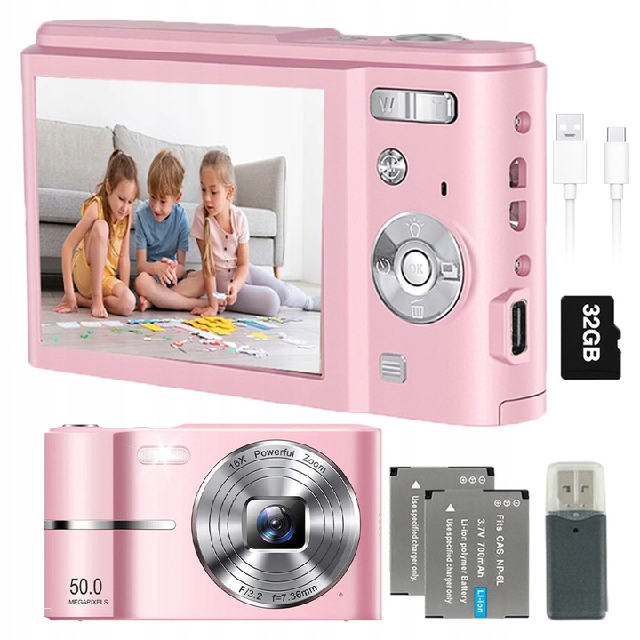 RETRO DIGITÁLNY FOTOAPARÁT PRENOSNÝ 4K 50MP 16X ZOOM + PAMÄŤOVÁ KARTA 32GB