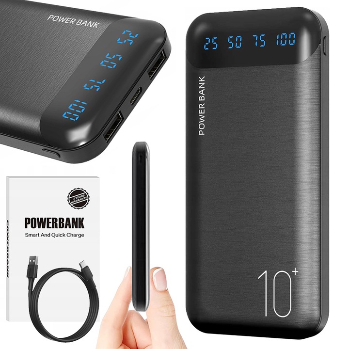 RÝCHLA POWERBANKA 10000 mAh USB C USB POWER BANKA SILNÁ CESTOVNÁ ČIERNA