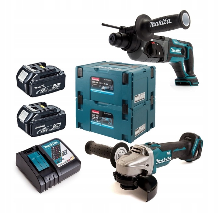 Sada Makita Príklepová Vŕtačka SDS+ uhlová brúska 18V akumulátorové batérie 5Ah