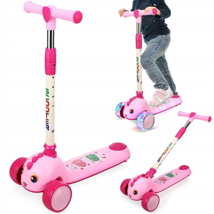 Skladacia kolobežka pre deti s osvetlenými kolesami, trojkolesová kolobežka, ružovočervená