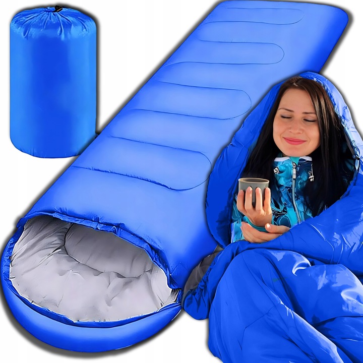 TURISTICKÝ SPACÍ VAK S KAPUCŇOU, MODRÝ, ĽAHKÝ, TEPLÝ, POHODLNÝ A POHODLNÝ