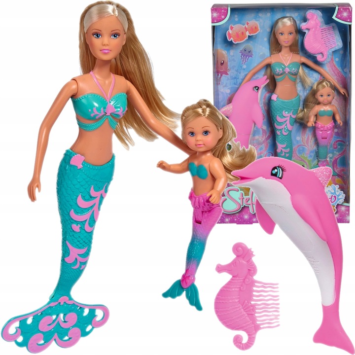 VEĽKÝ SET STEFFI A EVI MORSKEJ PANNY 2 BÁBIKY MERMAID FRIENDS + FIGÚRKA DELFÍNA