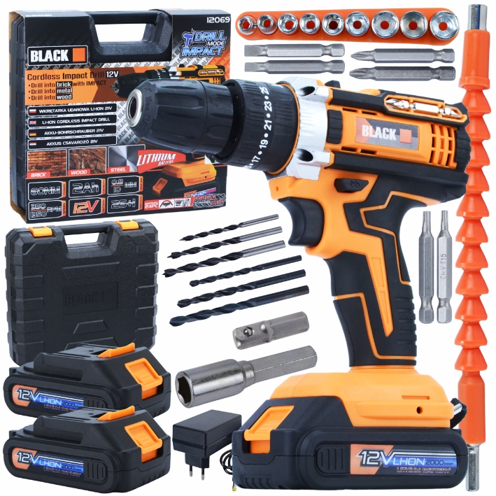 Vŕtačka AKU 12V UDAR 2x 2Ah Li-Ion SET XXL 24PCS BLACK