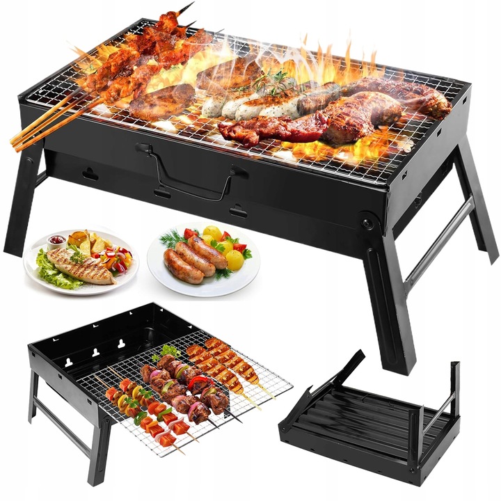 ZÁHRADNÝ GRIL NA UHLIE TURISTICKÝ PRENOSNÝ BBQ SKLADACÍ, PRIESTRANNÝ + POLIČKY