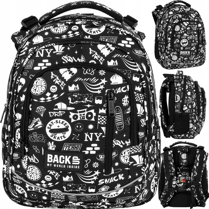 ZÁLOHOVACÍ ŠKOLSKÝ BATOH PRE MLÁDEŽ PRE CHLAPCA, ČIERNY, BIELY, STREET