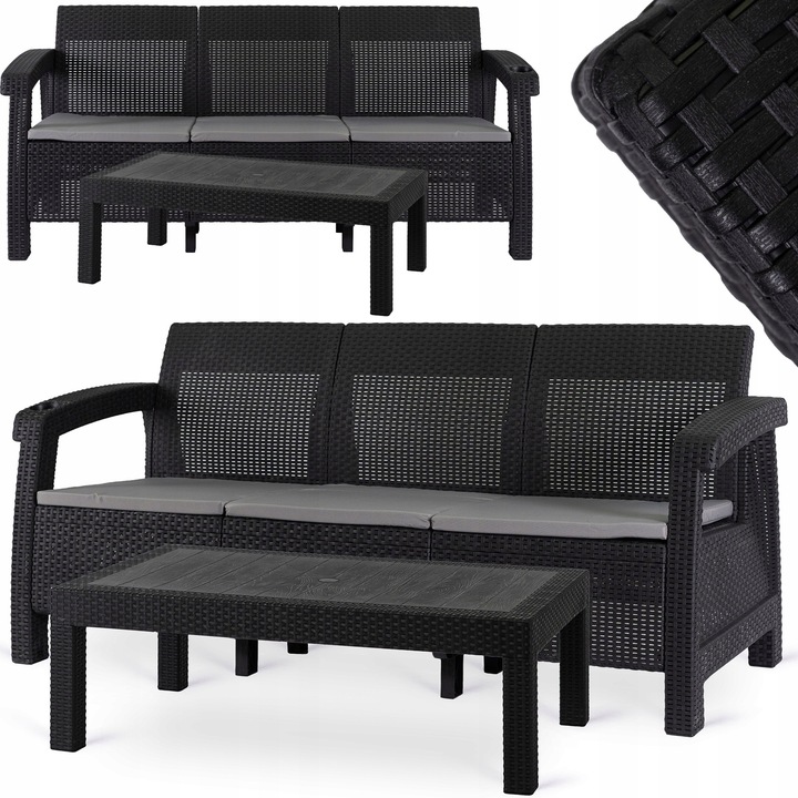 Záhradný Nábytok Sedacia Súprava Pohovka Stolík Konferenčný Stolík Na Terasa Záhrada Technorattan Čierny